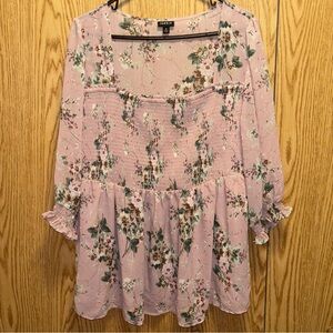 Torrid Plus Size 2 Pink Floral Smocked Babydoll Blouse Boho Cottagecore